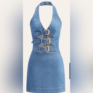 Halter Neck Buckle Detail Denim Dress - Commense